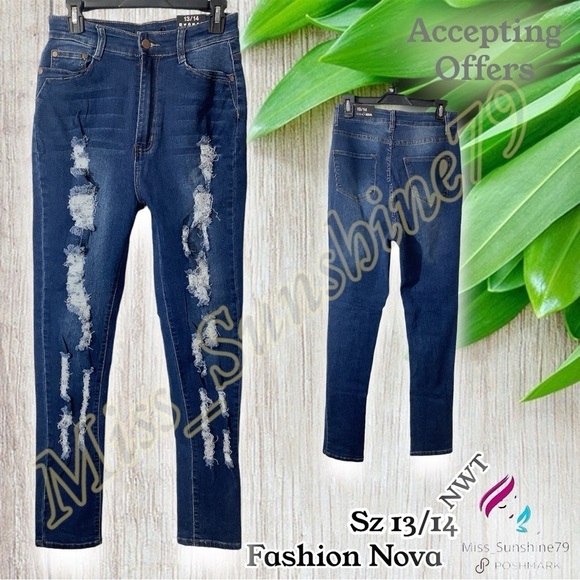 FashionNova NEW - Sz 13/14 - Nanette High Rise Jeans - BOA 19 -medium blue wash - Picture 1 of 6